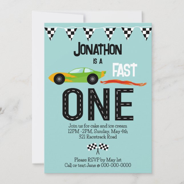 Fast ONE racecar themed 1st birthday party Invitation (Front)