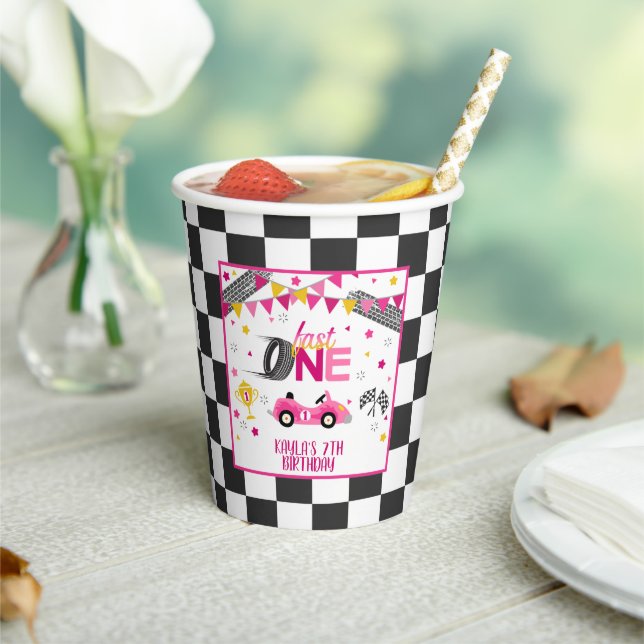 Fast One Racing Birthday Party Cup - Pink (Insitu)