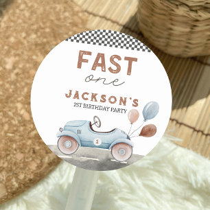 Fast One Racing Car Blue Boy 1st Birthday Classic Round Sticker