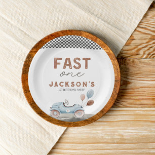 Fast One Racing Car Blue Boy 1st Birthday Paper Plate
