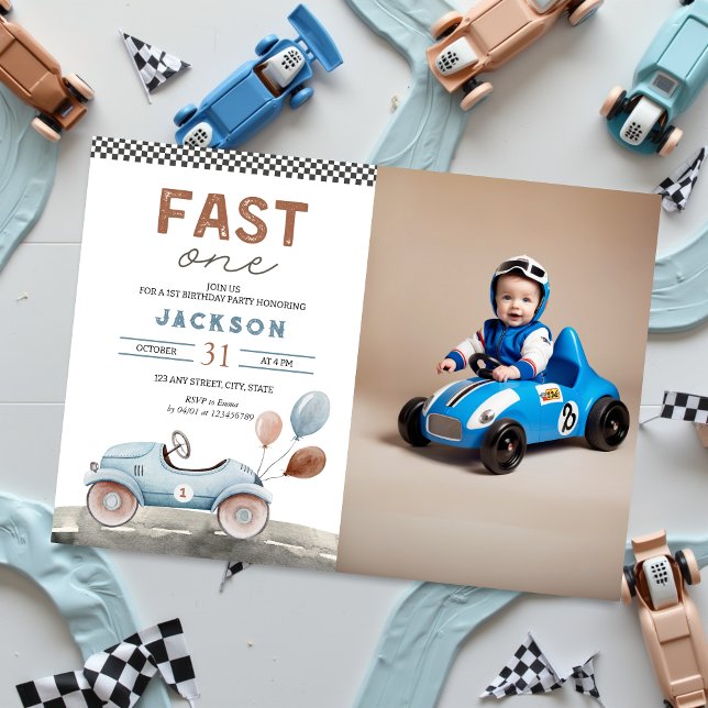 Fast One Racing Car Blue Boy 1st Photo Birthday Invitation (Fast One Photo 1st birthday Invitation, Racing, Race Car, Our little champion speedster)