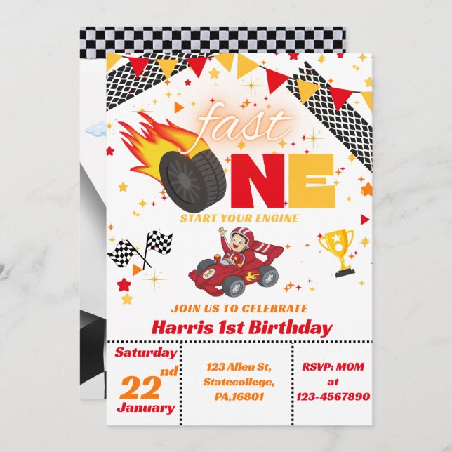 Fast One/ Racing Car First Birthday Invitation  (Front/Back)