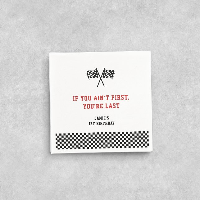 Fast One Racing Minimalist 1st Birthday Napkin (if you ain't first you're last, 1st birthday custom personalized napkins)