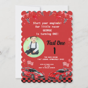 Fast One Red & Black Race Car Photo 1st Birthday Invitation