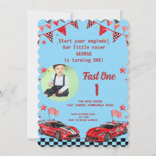 Fast One Red & Black Race Car Photo 1st Birthday  Invitation
