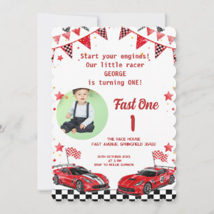 Fast One Red & Black Race Car Photo 1st Birthday  Invitation