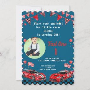 Fast One Red & Black Race Car Photo 1st Birthday Invitation