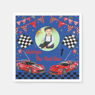 Fast One Red & Black Race Car Photo 1st Birthday Napkin