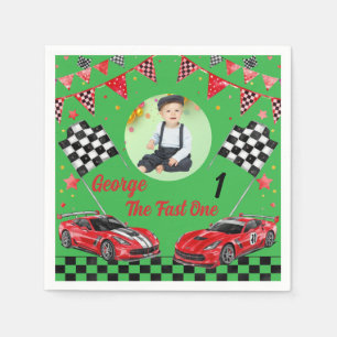 Fast One Red & Black Race Car Photo 1st Birthday Napkin