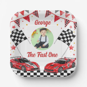 Fast One Red & Black Race Car Photo 1st  Birthday  Paper Plate