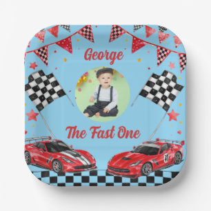 Fast One Red & Black Race Car Photo 1st  Birthday  Paper Plate