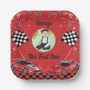 Fast One Red & Black Race Car Photo 1st Birthday Paper Plate
