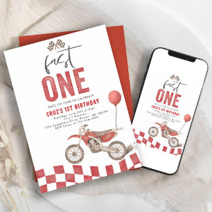 Fast One Red Dirt Bike Boy 1st Birthday Invitation