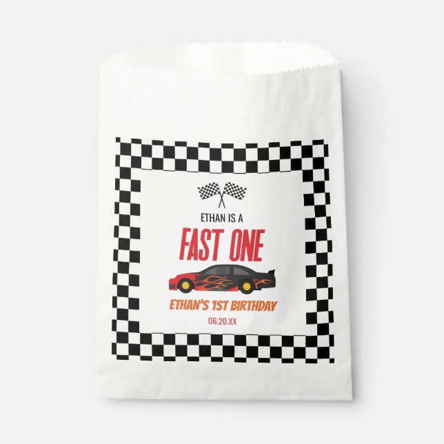 Fast One Red Flame Race Car 1st Birthday Party Favour Bags (Front)