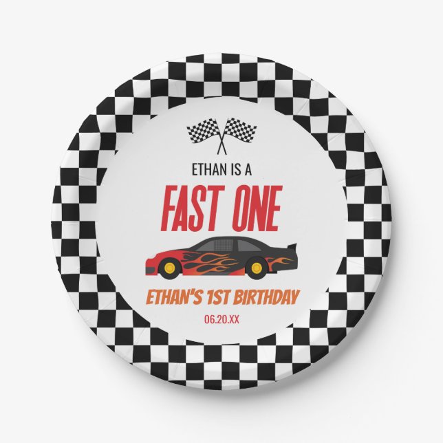 Fast One Red Flame Race Car 1st Birthday Party Paper Plate (Front)