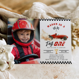 Fast One Red Photo Race car Boy 1st Birthday Invitation