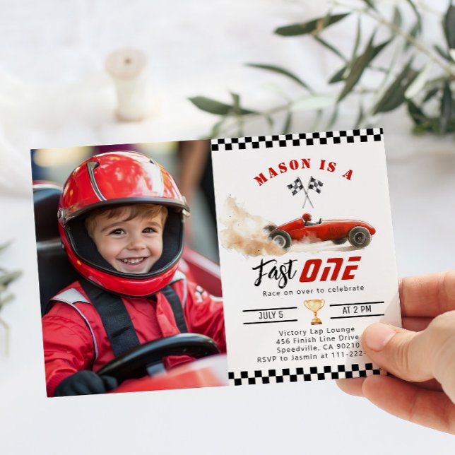 Fast One Red Photo Race car Boy 1st Birthday Invitation (Creator Uploaded)