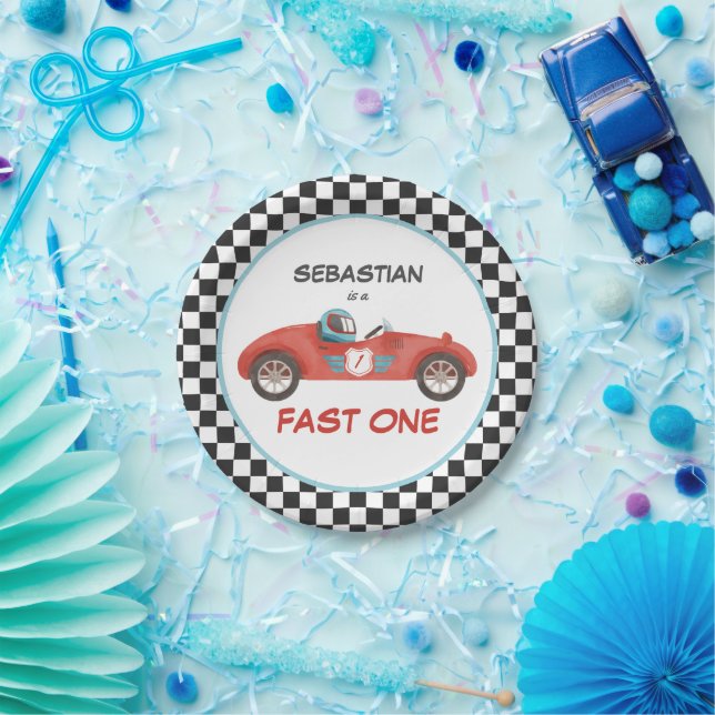 Fast One Red Race Car 1st Birthday Party Decor Paper Plate (Party)