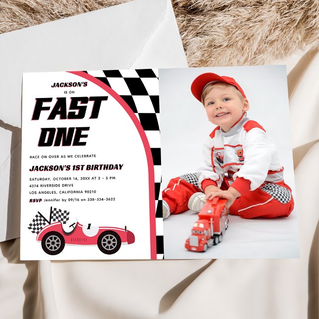 Fast One Red Race Car Birthday Party Photo Invitation (Creator Uploaded)