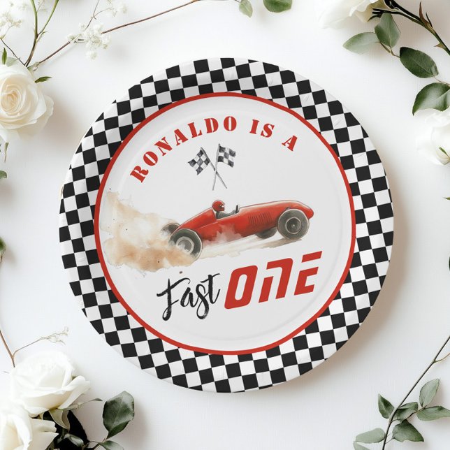 Fast One Red race car Boy 1st Birthday Balloon Paper Plate (Creator Uploaded)
