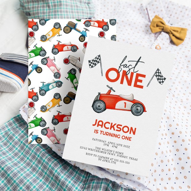 Fast One Red Race Car Boy 1st Birthday Party Invitation (Creator Uploaded)