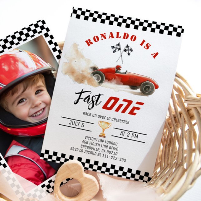Fast One Red race car Boy 1st Birthday Photo Invitation (Creator Uploaded)