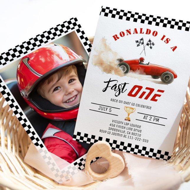 Fast One Red race car Boy 1st Birthday Photo Invitation (Creator Uploaded)