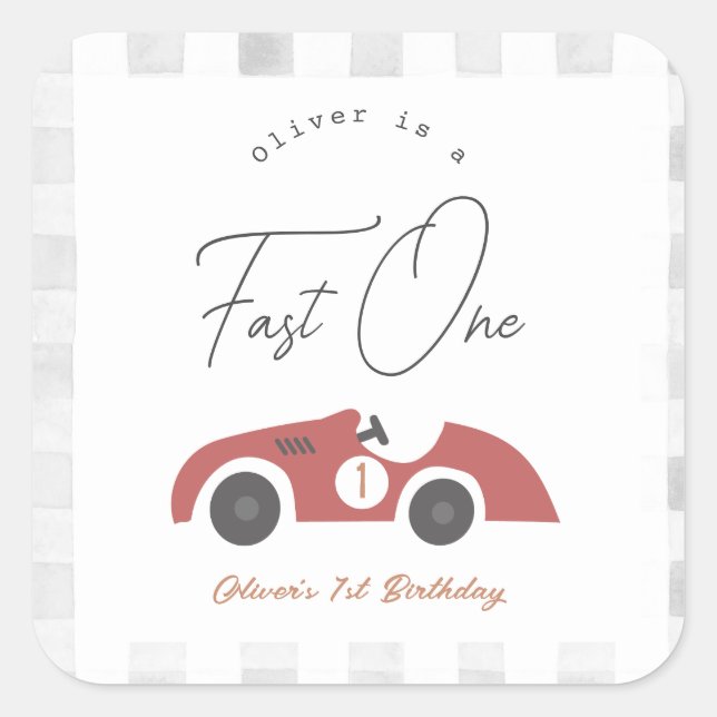 Fast One Red Race Car Boy 1st Birthday Square Sticker (Front)