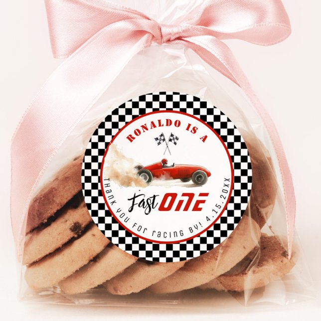 Fast One Red race car Boy Birthday Thank you Classic Round Sticker (Creator Uploaded)