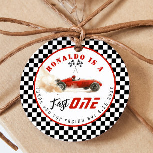 Fast One Red race car Boy Birthday Thank you Favour Tags