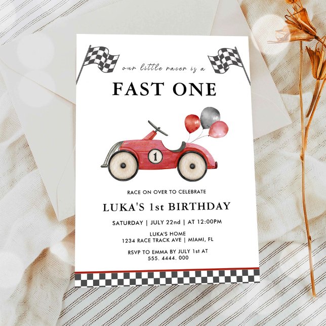 Fast One Red Race Car Boys 1st Birthday Invitation (Creator Uploaded)