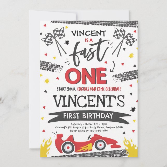 Fast One Red Race Car First Birthday Invitation (Front)