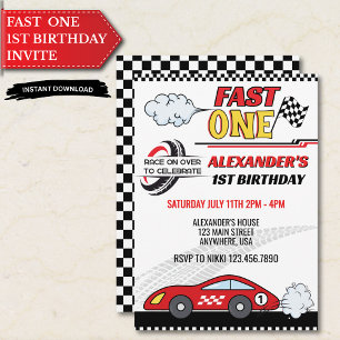 Fast one red race car kids birthday  invitation