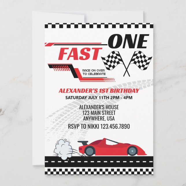 Fast one red race car kids birthday  invitation (Front)