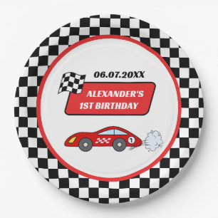 Fast one red race car racing boy 1st birthday  paper plate