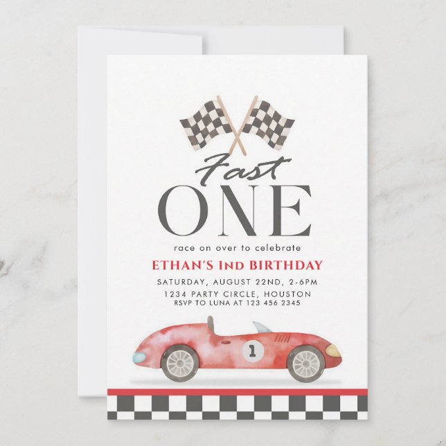 Fast One Red Racecar First Birthday Invitation (Front)