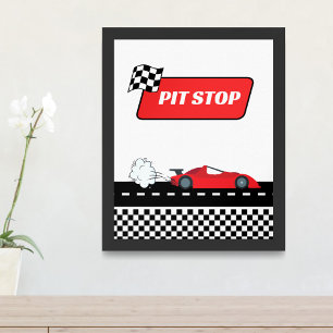 Fast one red retro race car boy birthday pit stop poster