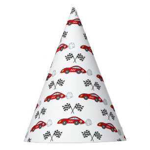 Fast one red retro race car chequered flags racing party hat