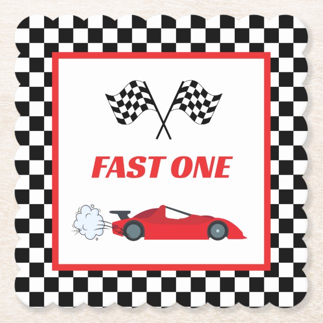 Fast one red retro race car theme boy's birthday  paper coaster (Front)