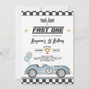 Fast One Retro Blue Race Car Boy 1st Birthday Invitation