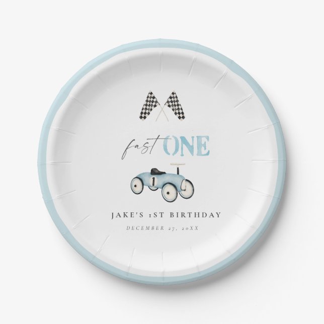 Fast ONE Retro Car Ride-On Blue Paper Plates (Front)
