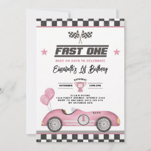 Fast One Retro Pink Race Car Girl 1st Birthday Invitation