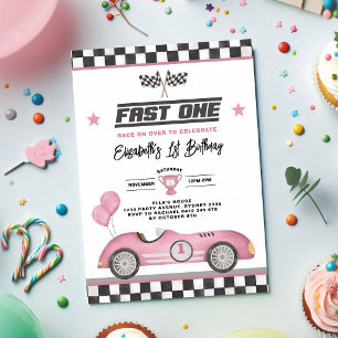Fast One Retro Pink Race Car Girl 1st Birthday Invitation