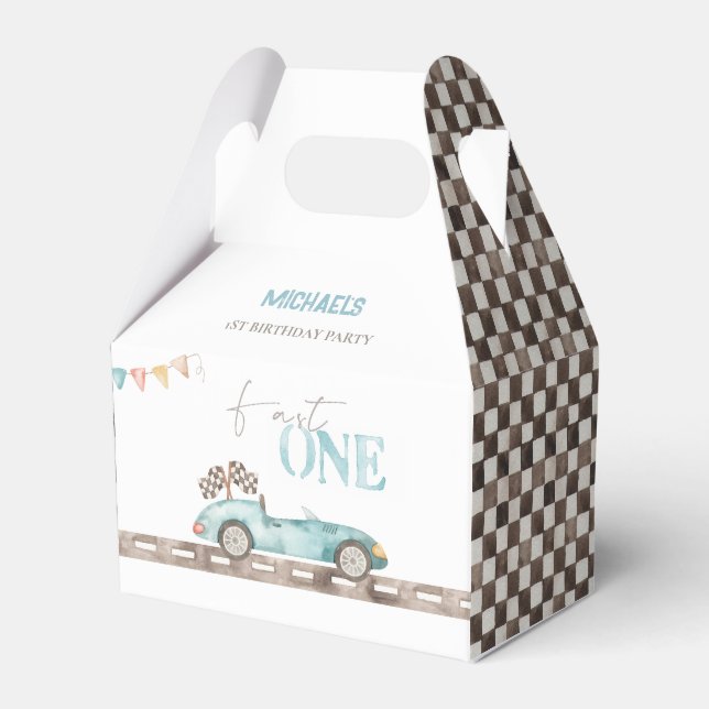 Fast ONE Retro Race Car Birthday Favour Box (Front Side)