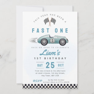 Fast One Vintage Car 1st Birthday Invite BLUE