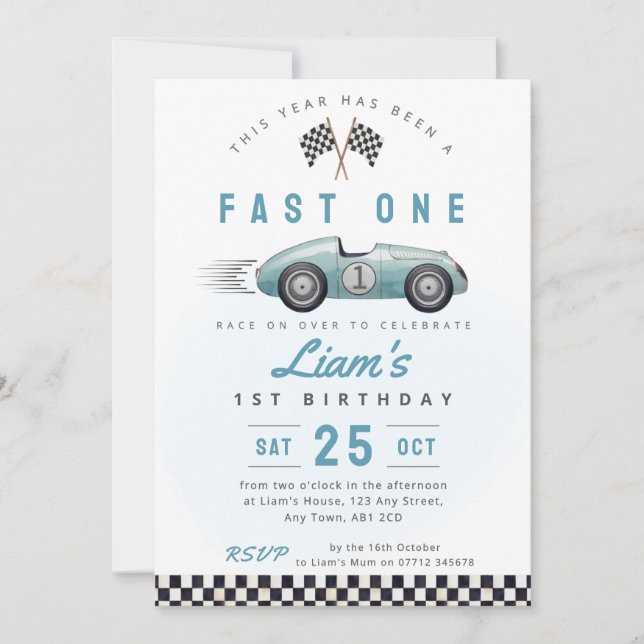 Fast One Vintage Car 1st Birthday Invite BLUE (Front)