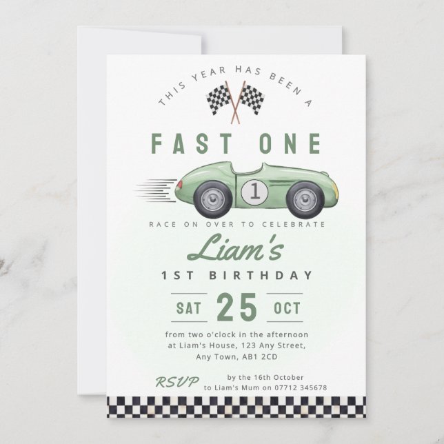Fast One Vintage Car 1st Birthday Invite GREEN (Front)