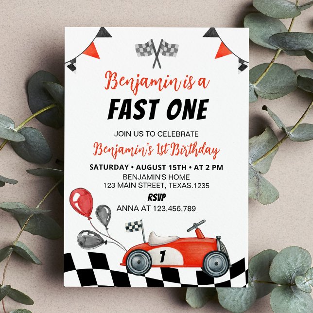 Fast One Vintage Race Car Boy Birthday Invitation (Creator Uploaded)