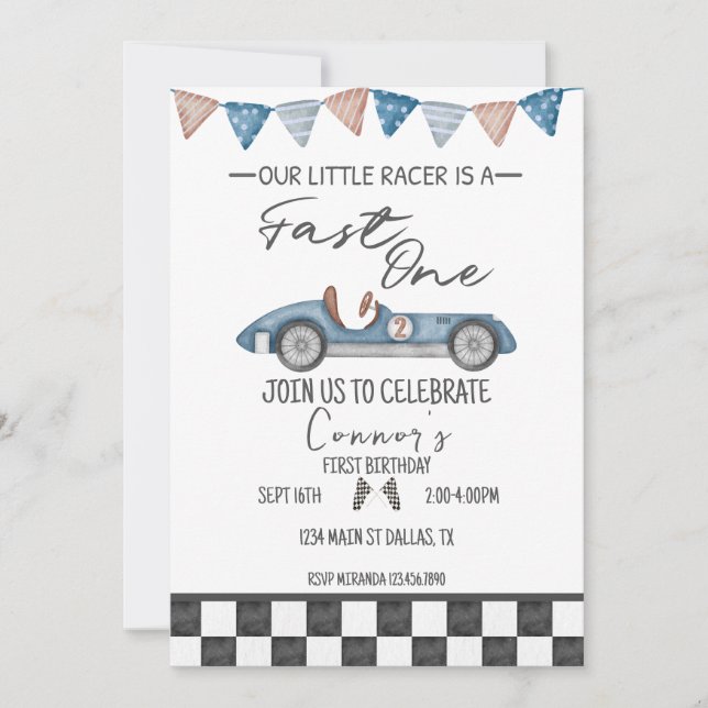 Fast One Vintage Race Car First Birthday Invite (Front)