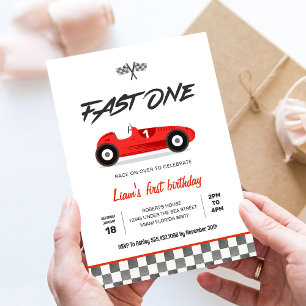 Fast ONE Vintage Red Race Car 1st Birthday Invitation